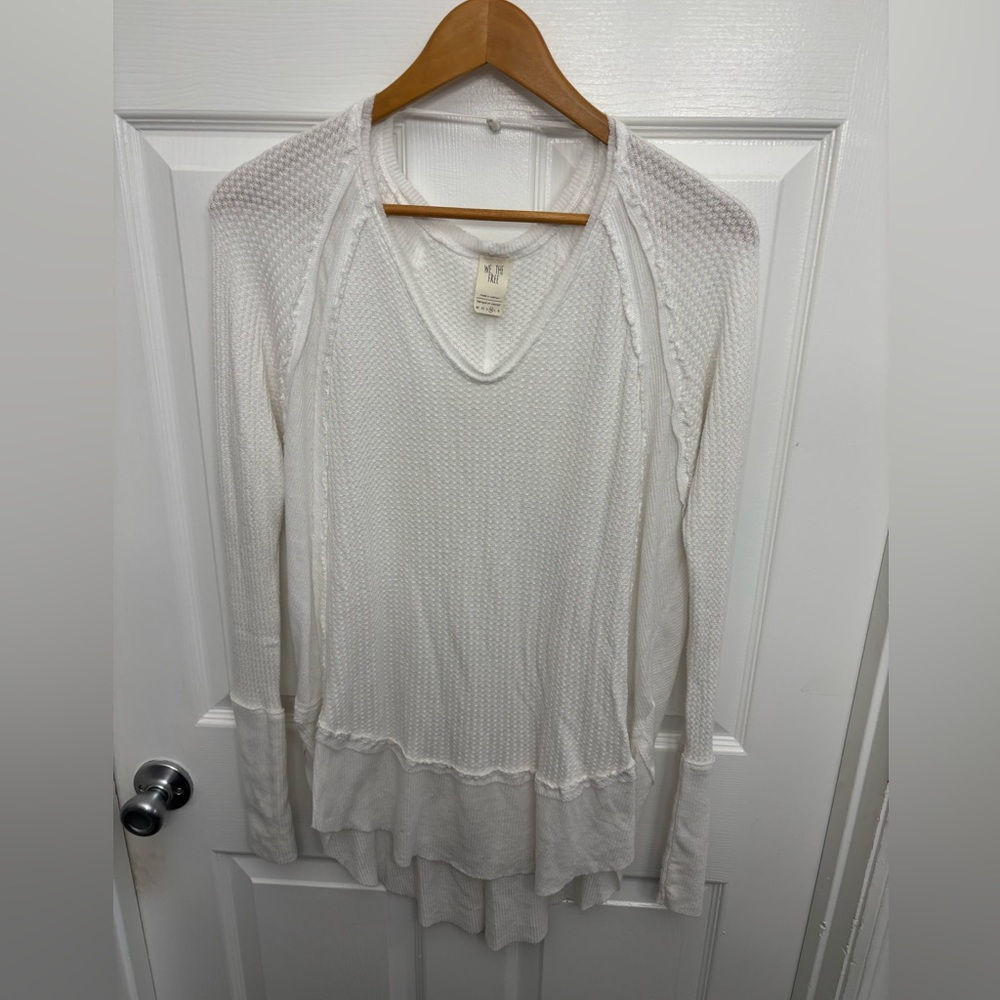 We The Free Cream Long Sleeve Boho Hippie Waffle V-Neck Top, M